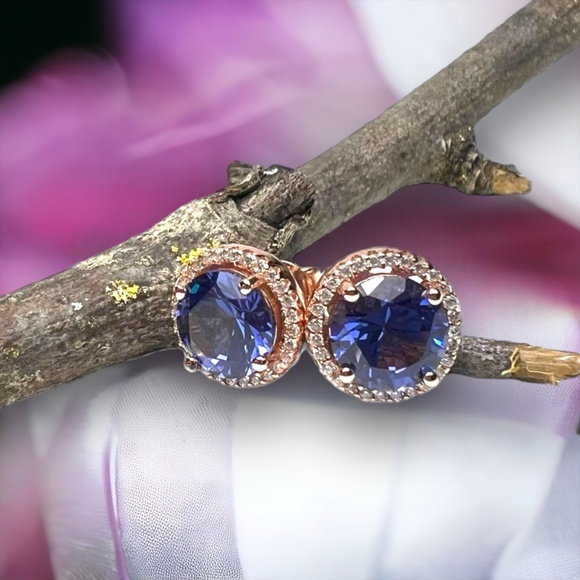 Tanzanite Halo Earrings Handcrafted 18K Rose Gold Vermeil , December Birthstone - Picture 4 of 7